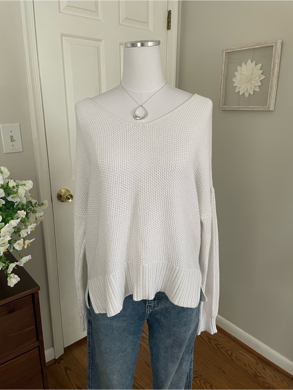 Lucky Brand White V-Neck Knit Sweater